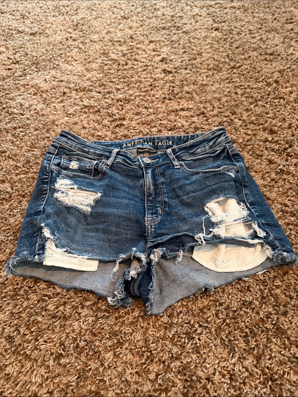 American Eagle Outfitters Ripped Blue Denim Jean Shorts with Lace Patch